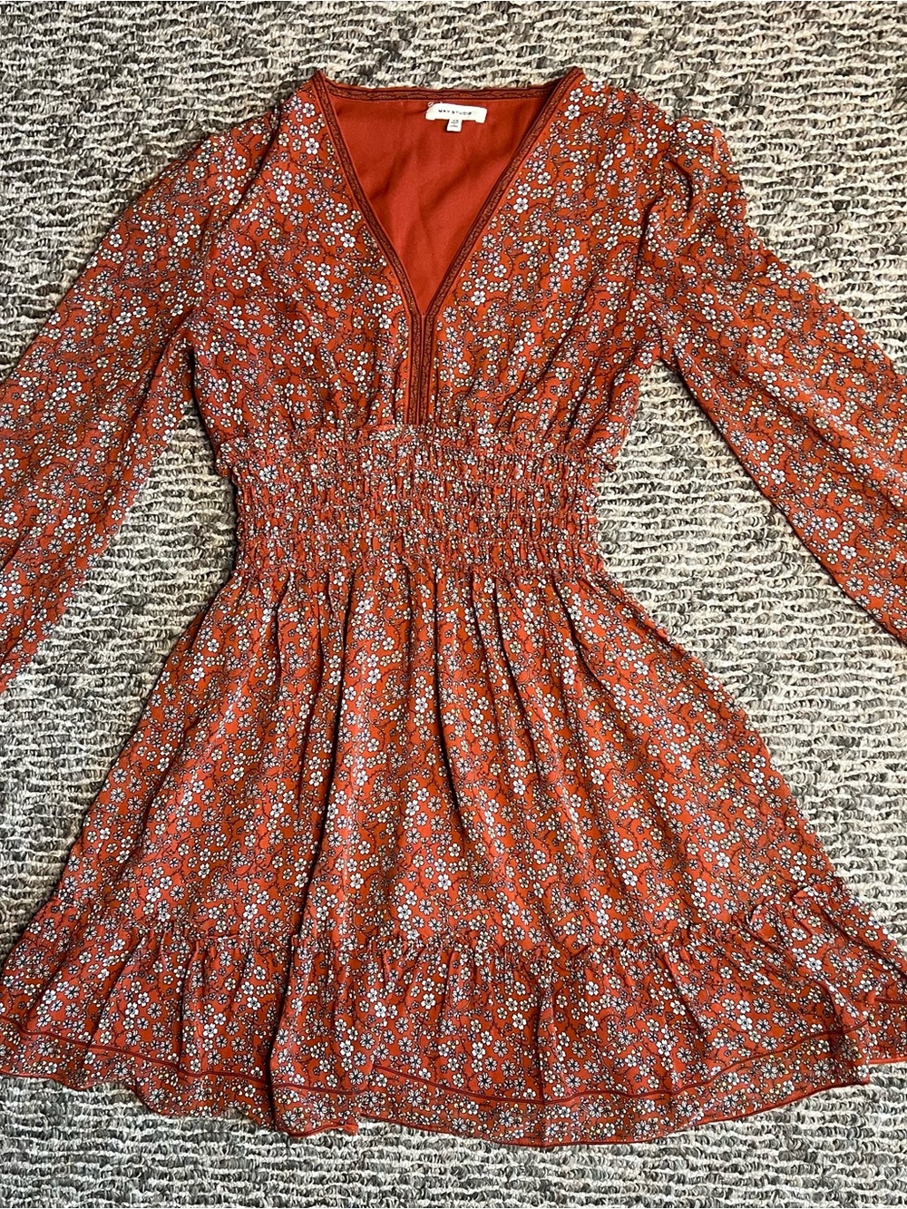 Max Studio Rust Floral Smocked Midi Dress